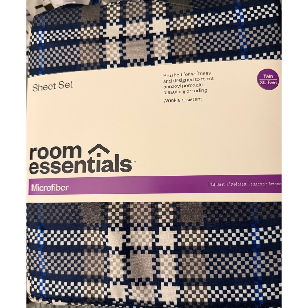 Room Essentials Twin XL Microfiber Sheet Set Blue Gray Plaid 3pc Wrinkle Resist